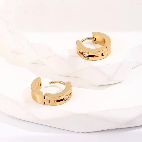 Stainless Steel Hoop Stud Earring Rhinestone Gold Women Men NWT - Picture 3 of 3